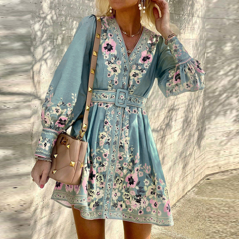 Damen elegantes Blumenkleid mit Taillengürtel und Puffärmeln Stalluxe