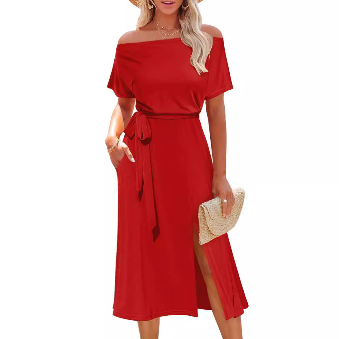 Damen Off-Shoulder Midikleid mit Taillengürtel und praktischen Taschen Stalluxe