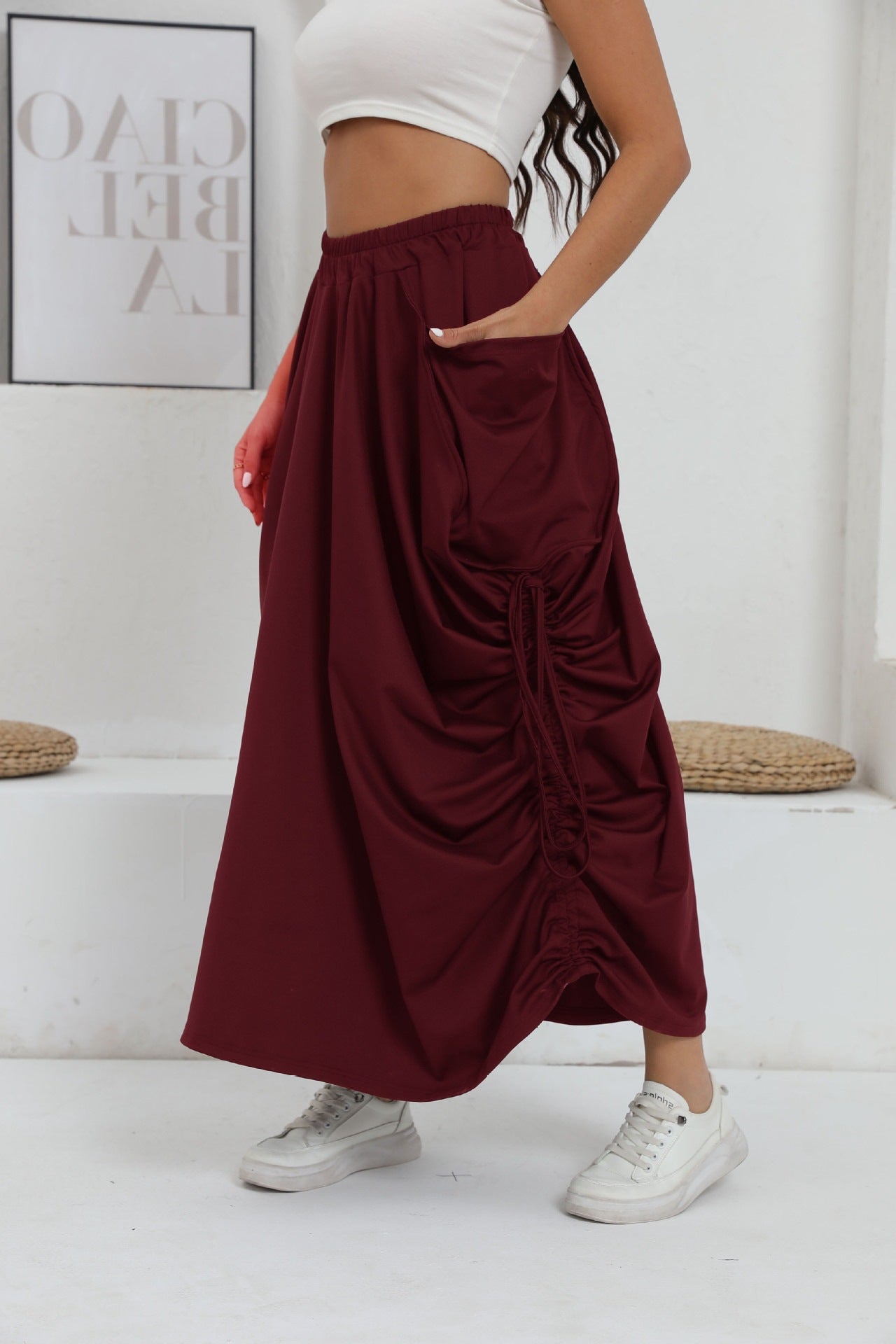 Damen lange Oversize-Rock mit Taschen und Raffung Stalluxe