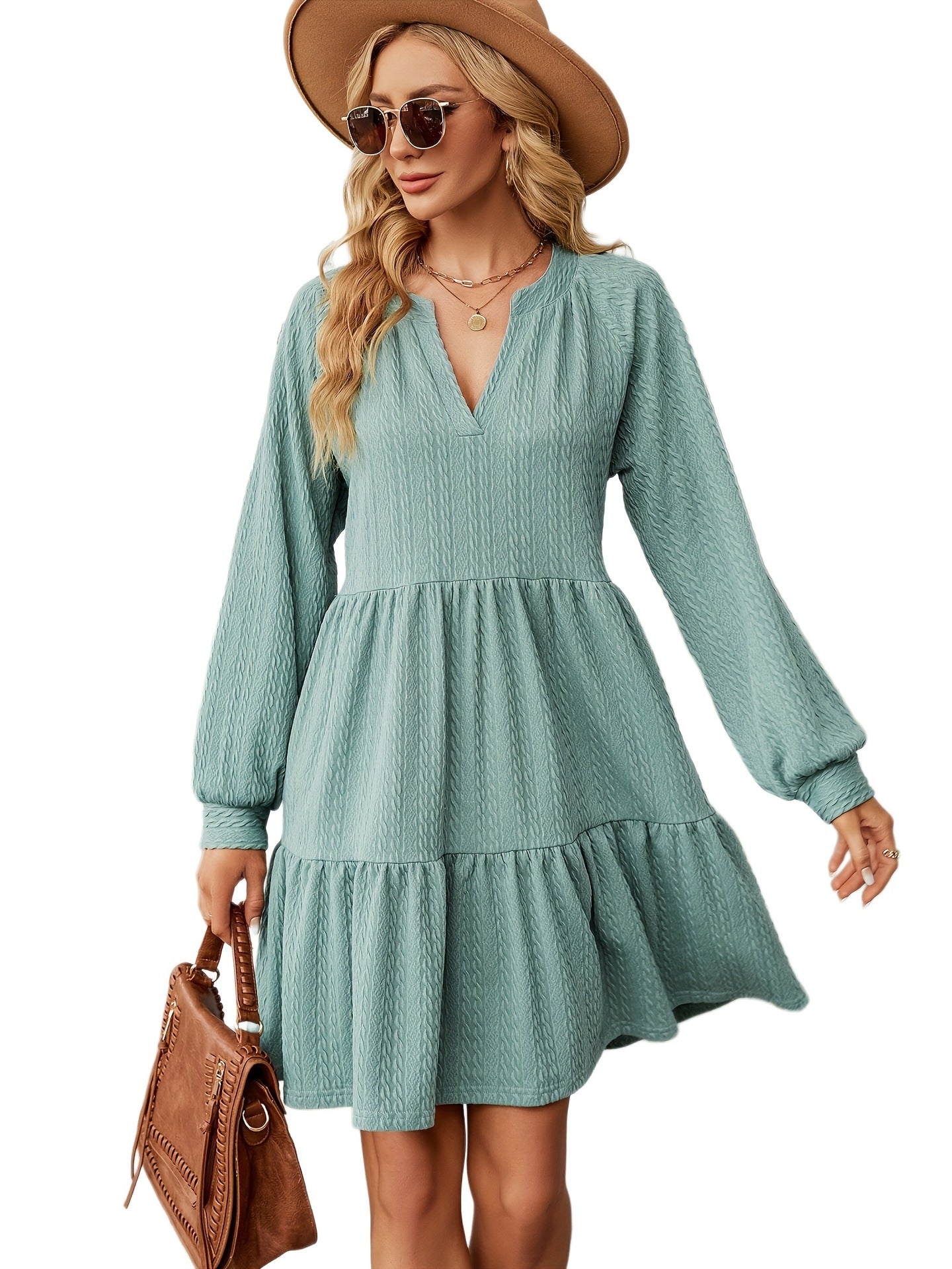 Damen lässiges V-Ausschnitt Kleid mit voluminösen Ärmeln und Stufenrand Stalluxe