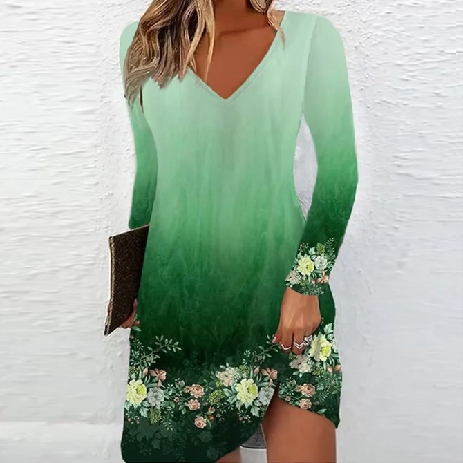 Damen V-Ausschnitt Kleid mit floralen Akzenten und langen Ärmeln Stalluxe
