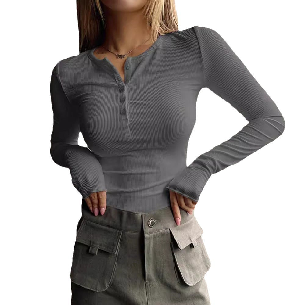 Women's Ribbed Long Sleeve Henley Top Stalluxe