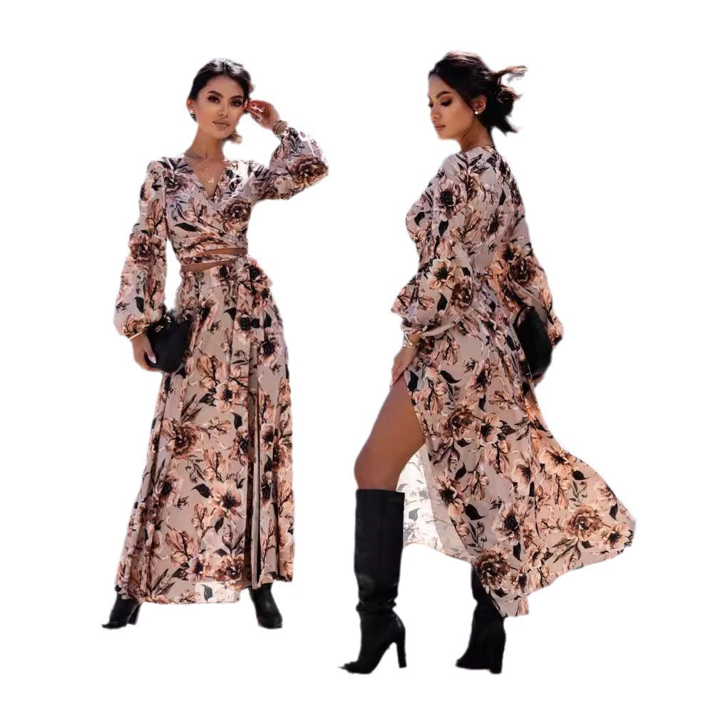 Damen Maxikleid im Leopardenmuster mit Wickeldesign und voluminösen Ärmeln Stalluxe