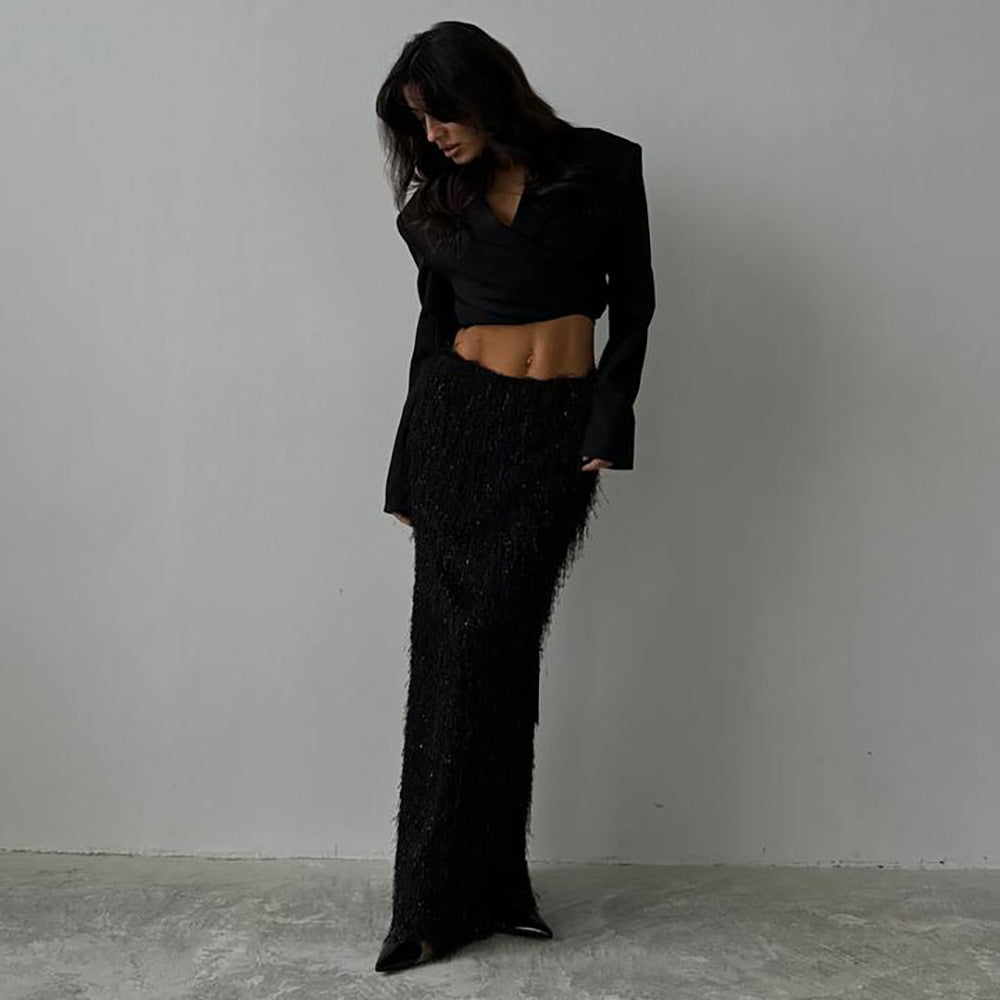 Damen eleganter Wickel-Oberteil und Maxi-Rock mit schimmernden Akzenten Stalluxe