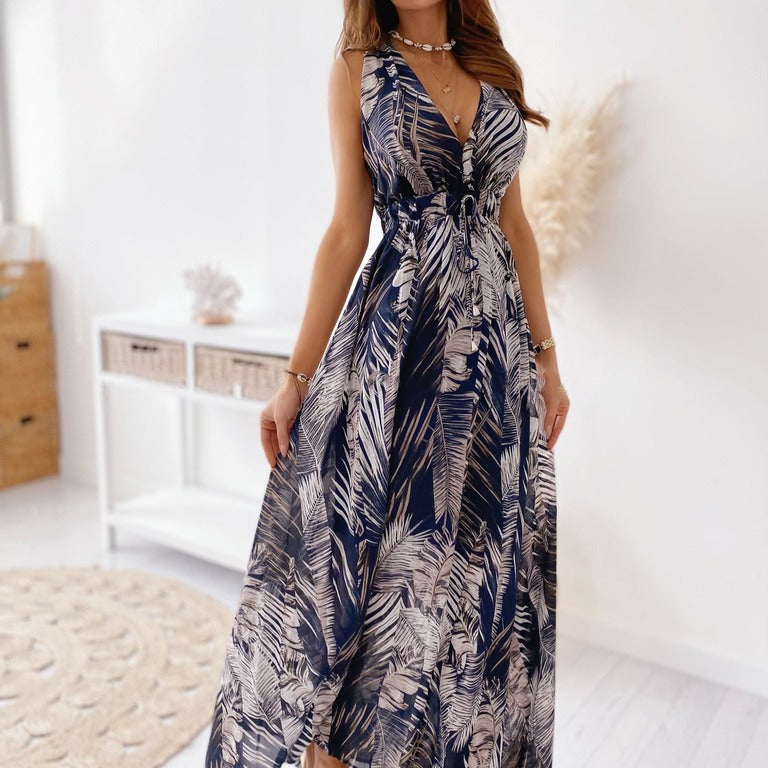 Damen Maxi Kleid mit elegantem Palmendruck und tailliertem Schnitt Stalluxe