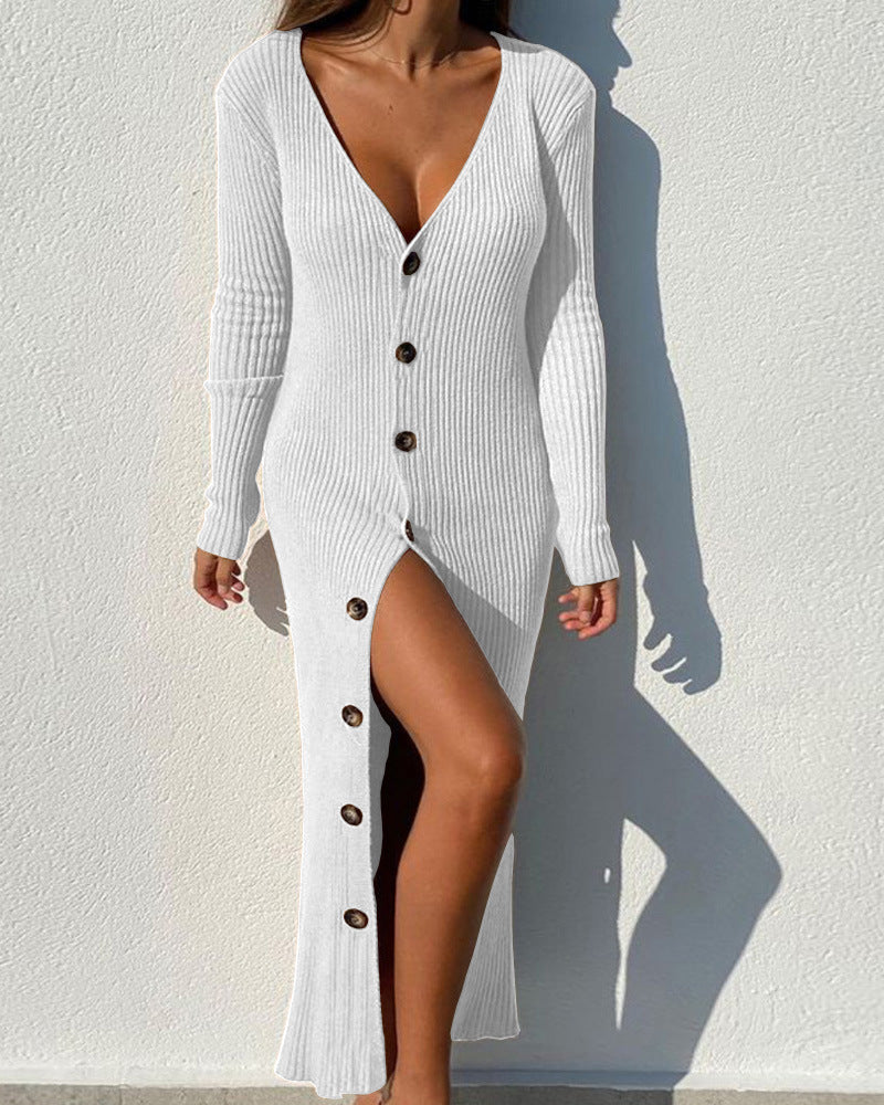 Damen Strickkleid mit Knopfleiste und Schlitzausschnitt Stalluxe