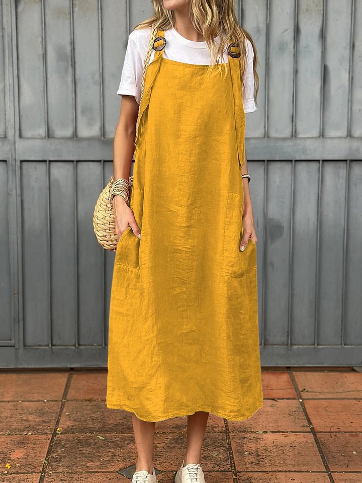 Damen lässiges Leinen-Trägerkleid mit praktischen Taschen Stalluxe
