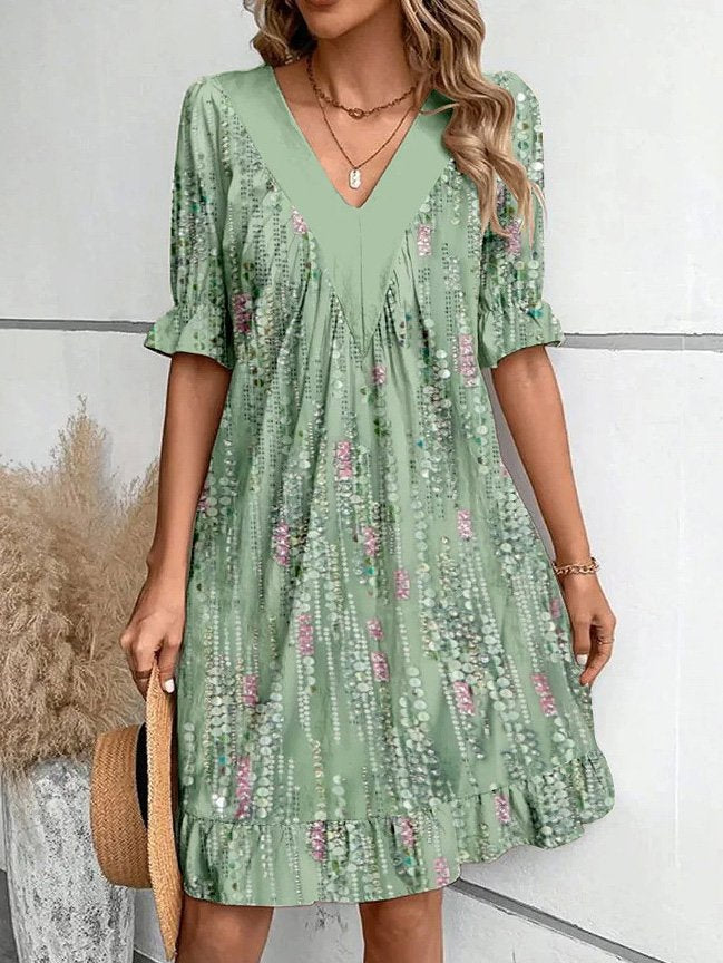 Damen Freizeitkleid mit tiefem V-Ausschnitt und modischen Puffärmeln Stalluxe
