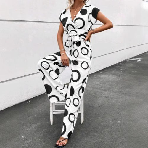 Damen Jumpsuit mit modernem Kreismuster und Taillengürtel Stalluxe