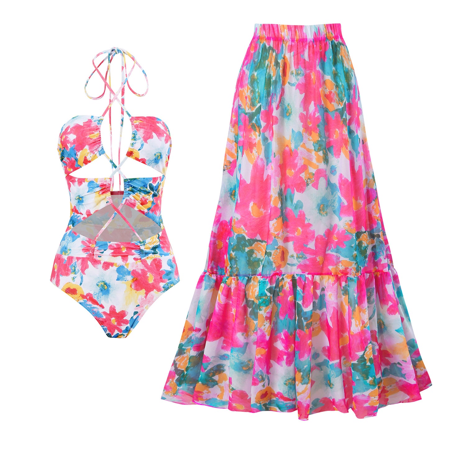 Damen Badeanzug und Maxirock Set mit floralem Design Stalluxe