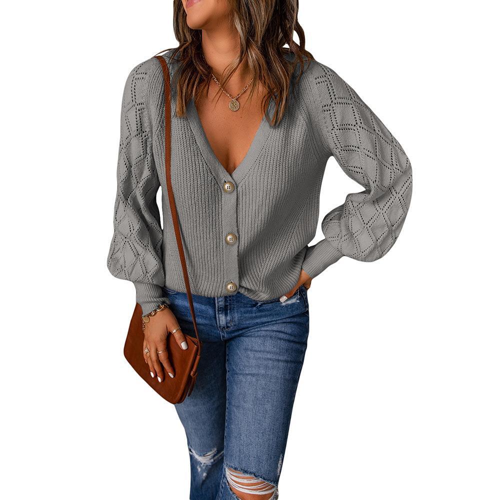 Damen Strickjacke mit V-Ausschnitt und modischen Puffärmeln Stalluxe