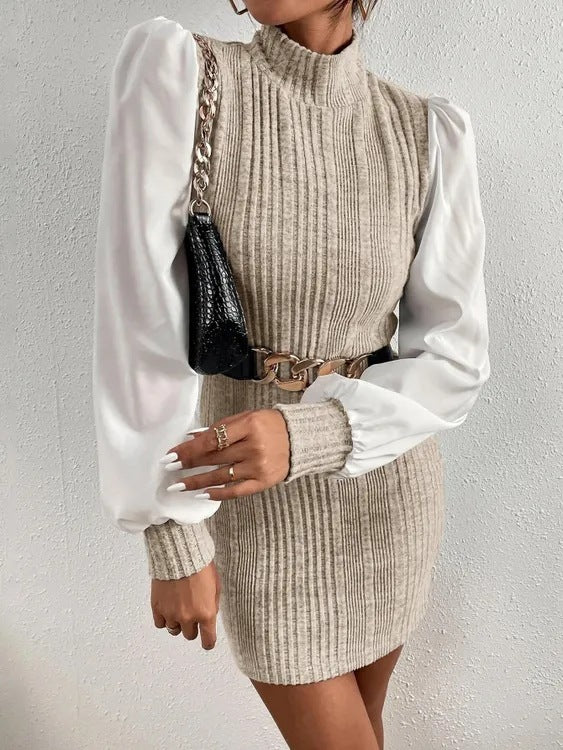 Damen Strickkleid mit eleganten Puffärmeln und Stehkragen Stalluxe