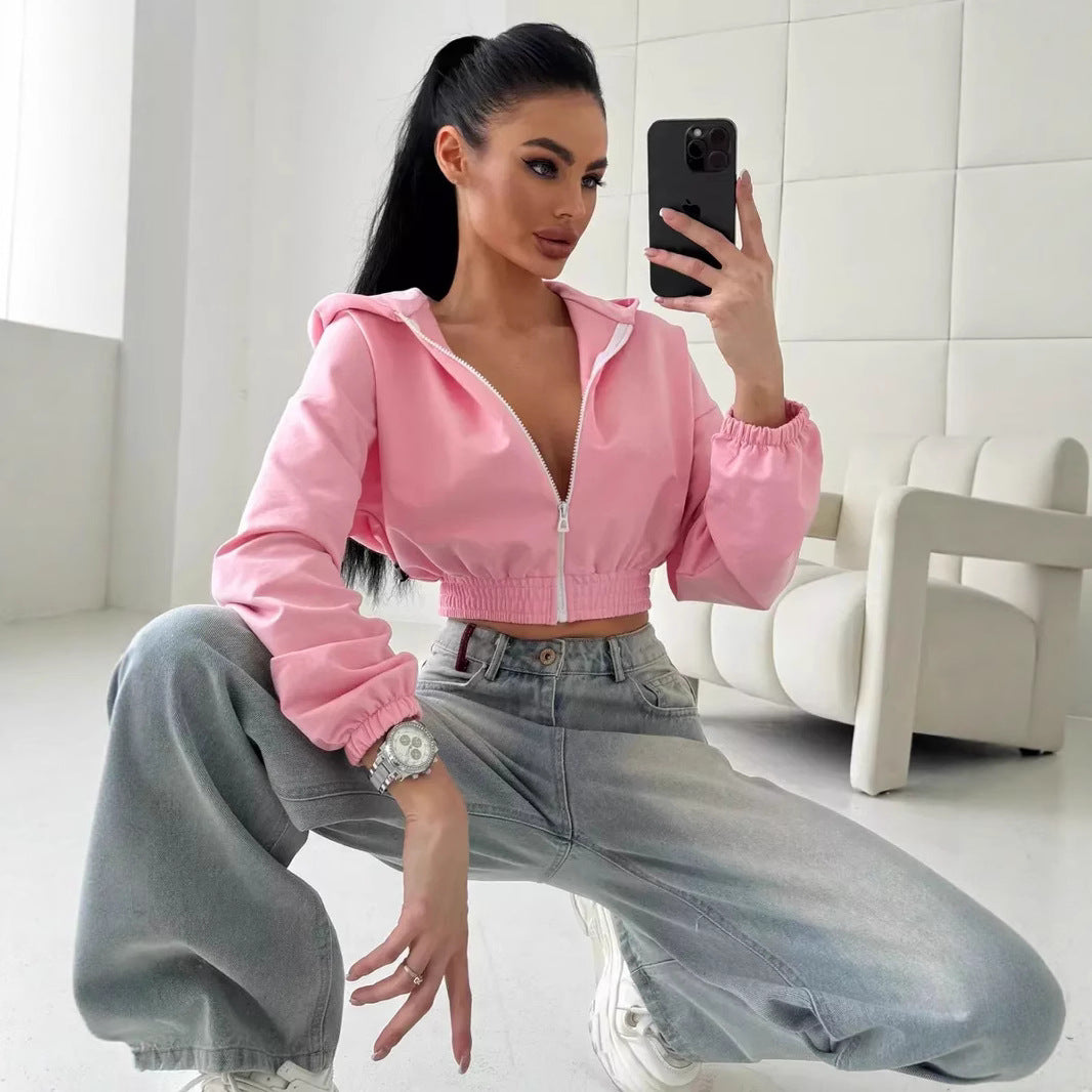 Damen cropped Sweatjacke mit elastischen Bündchen und modischem Reißverschluss Stalluxe