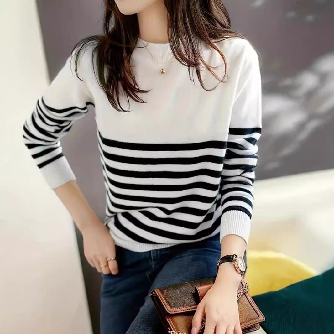 Damen Feinstrickpullover mit maritimem Streifenmuster und Rundhalsausschnitt Stalluxe