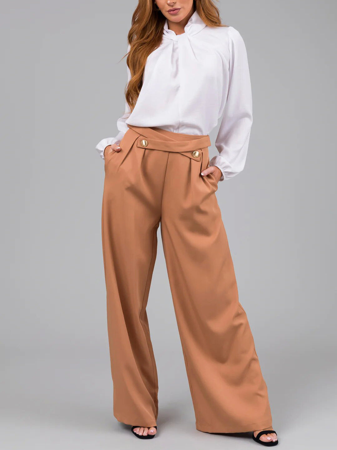 Damen elegante Bluse mit Bogenkragen und weiten Hose Stalluxe