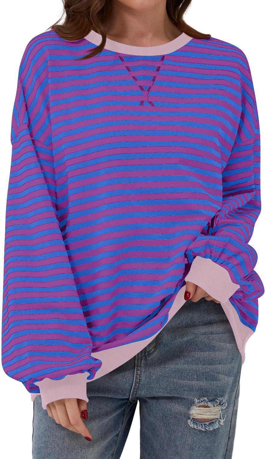 Damen lässiger Sweater mit auffälligem Streifenmuster und elastischen Bündchen Stalluxe