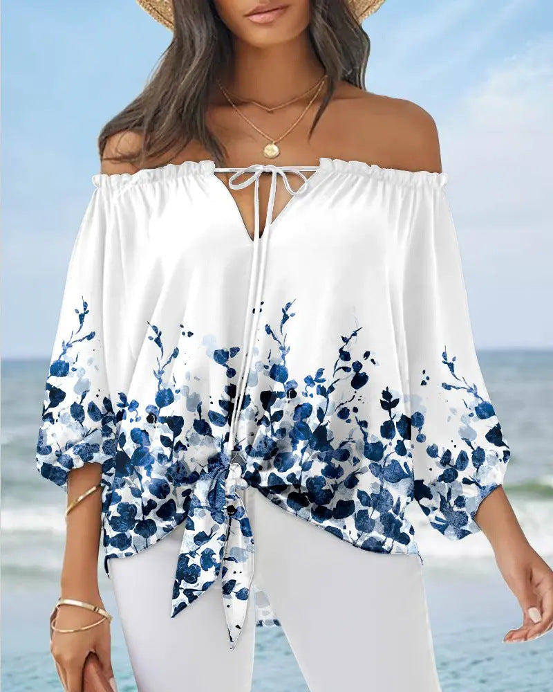 Damen Off-Shoulder Bluse mit floralem Design und Bindegürtel Stalluxe