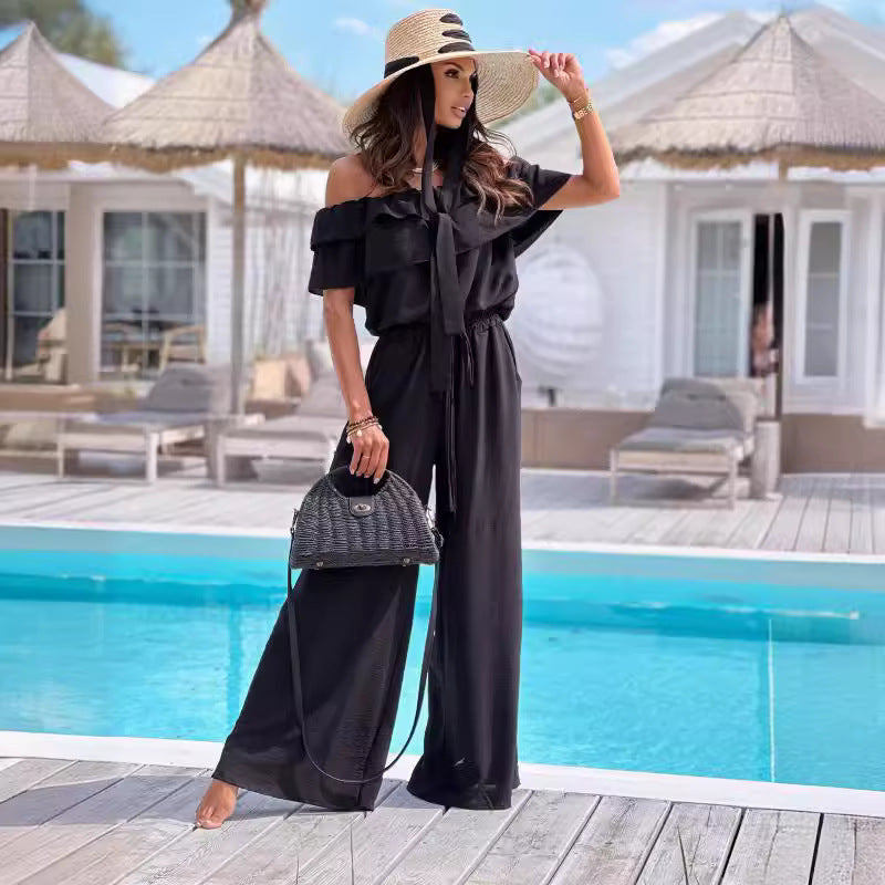 Damen Eleganter Off-Shoulder Jumpsuit mit weitem Bein und Rüschendetails Stalluxe
