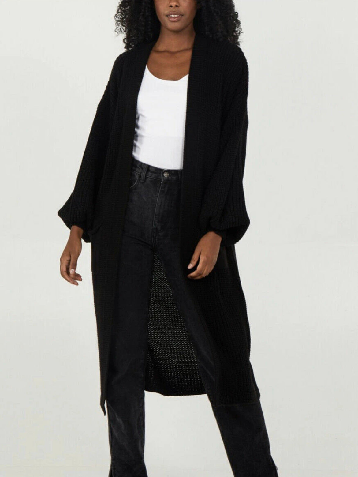 Damen Langer Strickcardigan mit voluminösen Ärmeln und offenem Schnitt Stalluxe