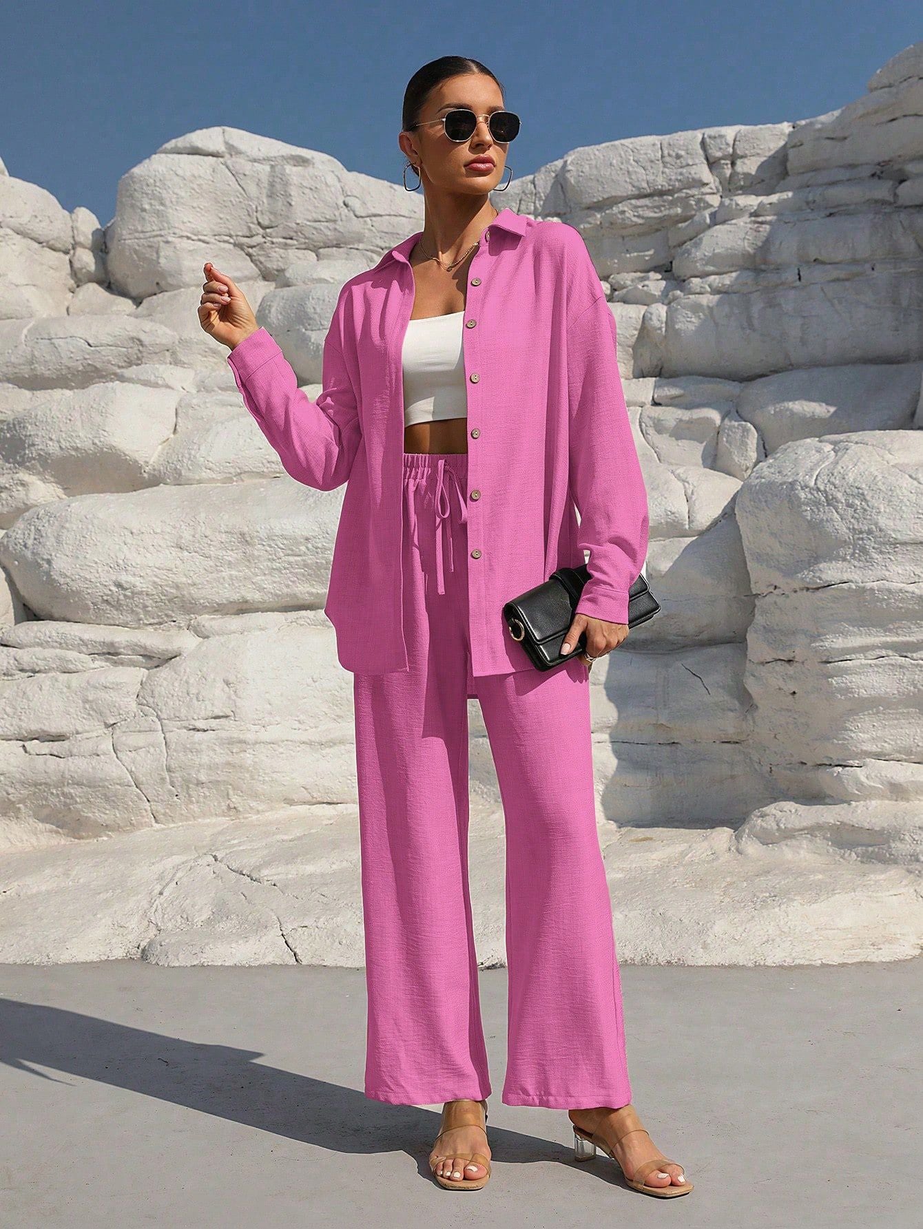 Damen elegantes und lässiges Leinen-Loungewear-Set mit lockerer Passform Stalluxe