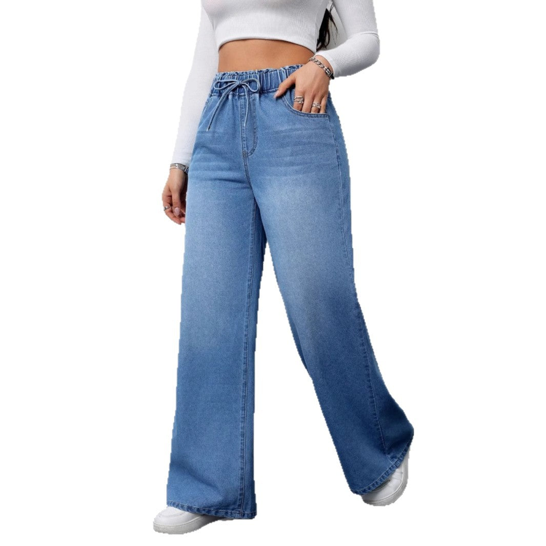 Damen Hochtaillierte Weite Jeans mit bequemem Kordelzug Stalluxe