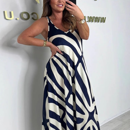 Damen Maxikleid mit modernem, abstrahierter Musterung und V-Ausschnitt Stalluxe