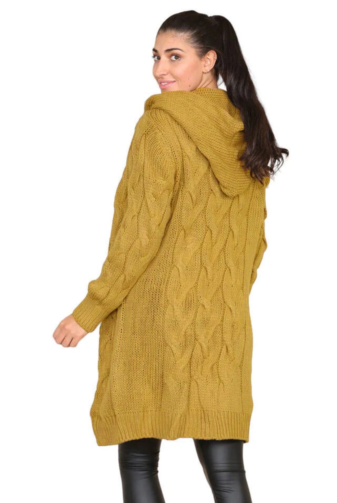 Damen Langer Strickmantel mit elegantem Zopfmuster und Kapuze Stalluxe