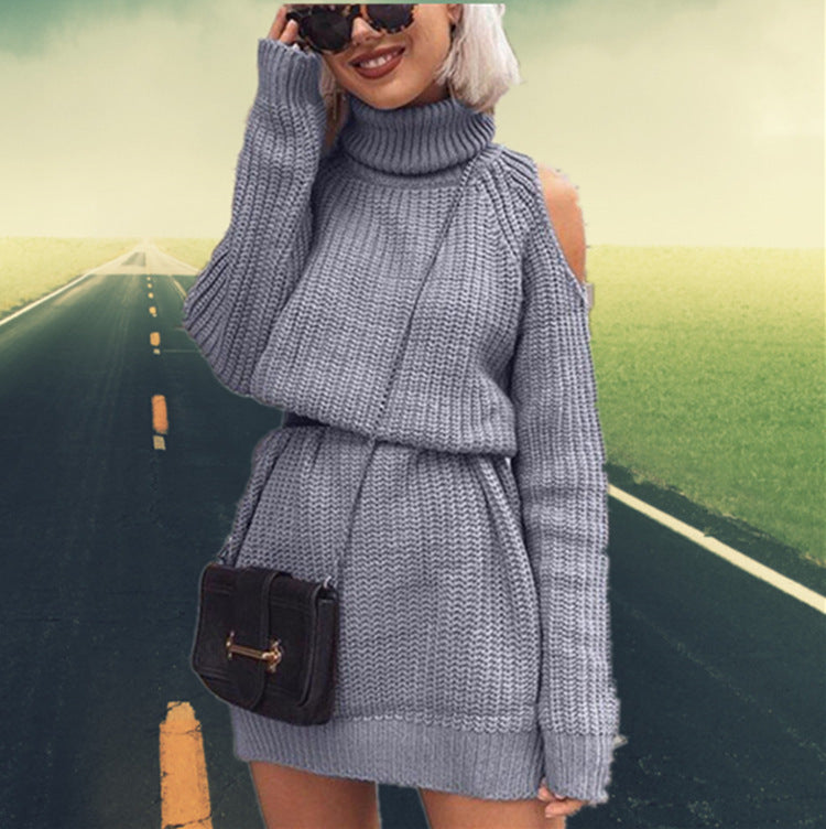 Damen Langarm-Strickkleid mit hohem Kragen und offenem Schulterdesign Stalluxe