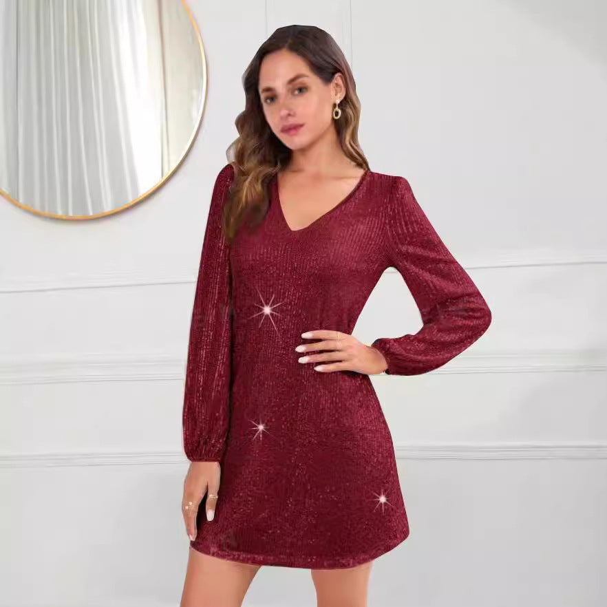 Damen Glitzerndes Minikleid mit V-Ausschnitt und langen Ärmeln Stalluxe