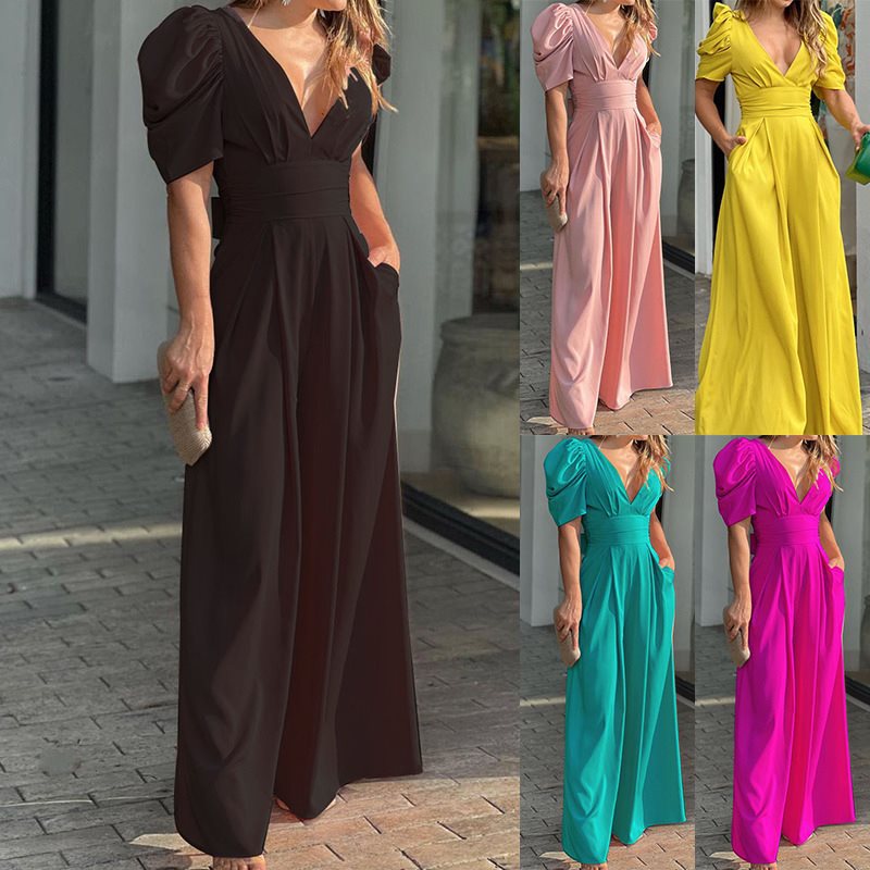 Damen elegantes Maxikleid mit Puffärmeln und tiefem V-Ausschnitt Stalluxe