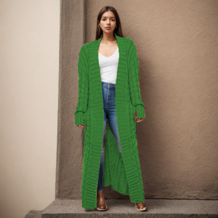 Damen Langer Strickcardigan mit raffiniertem Zopfdesign und praktischen Taschen Stalluxe
