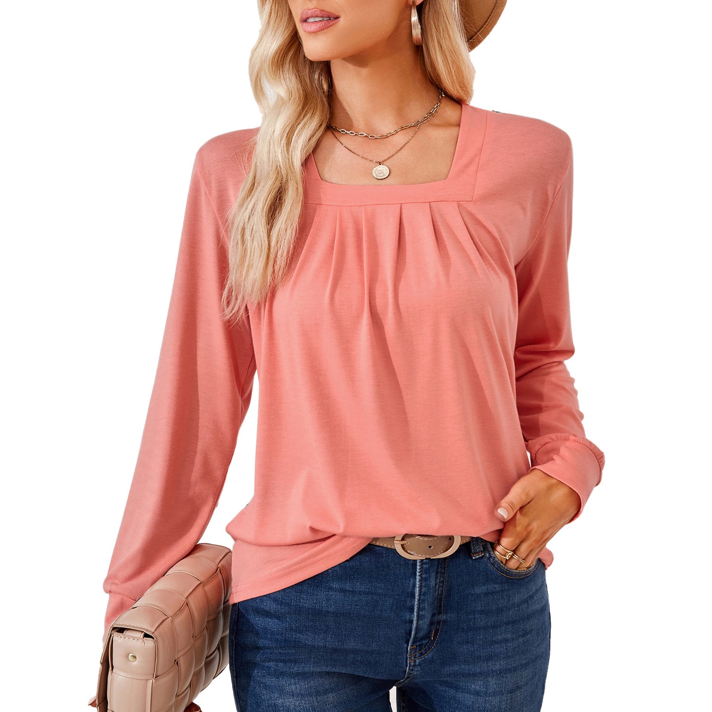 Damen Langarmshirt mit quadratischem Ausschnitt und femininer Raffung Stalluxe