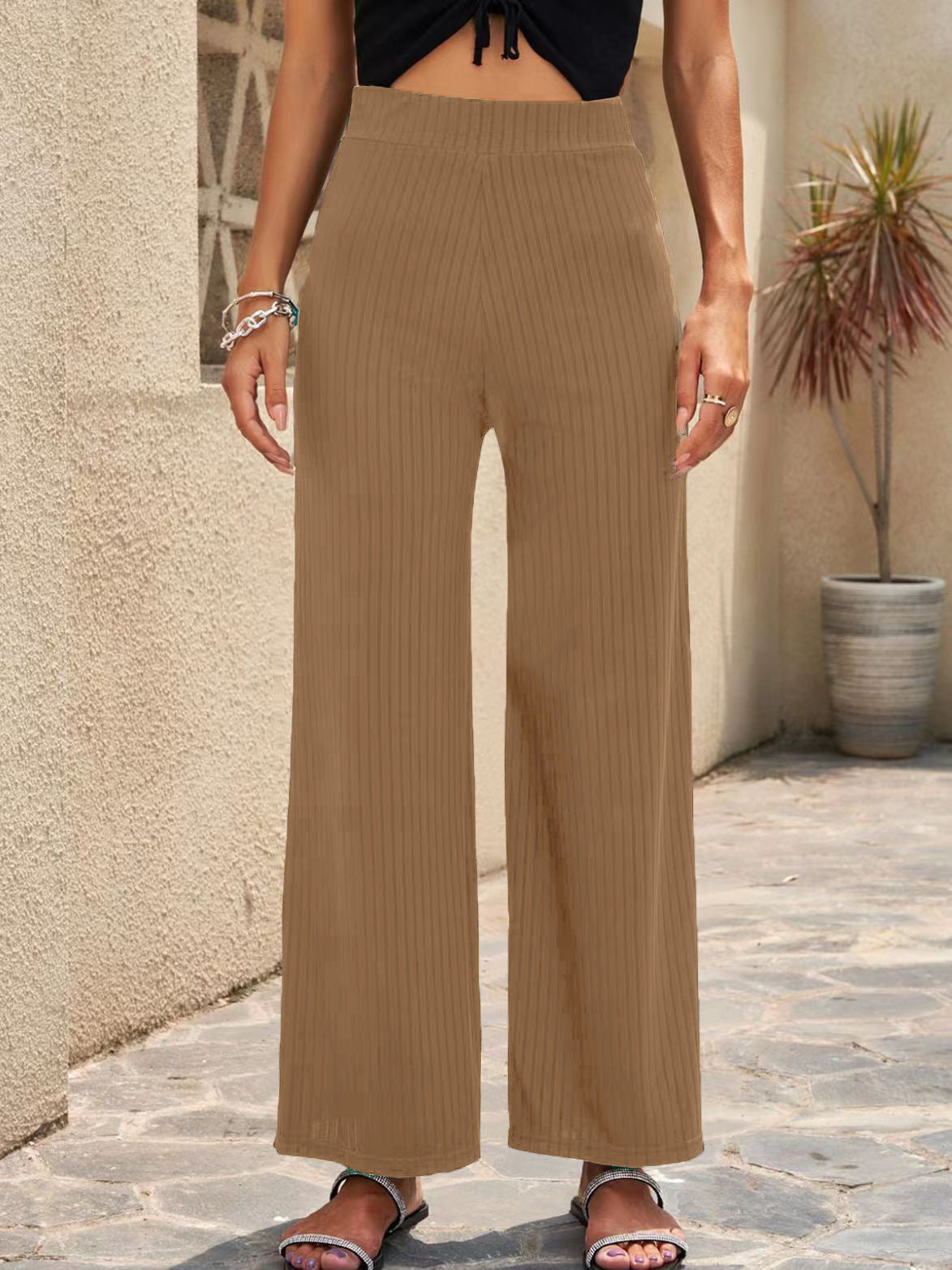 Damen elegante weit geschnittene Sommerhose mit feiner Rippstruktur Stalluxe