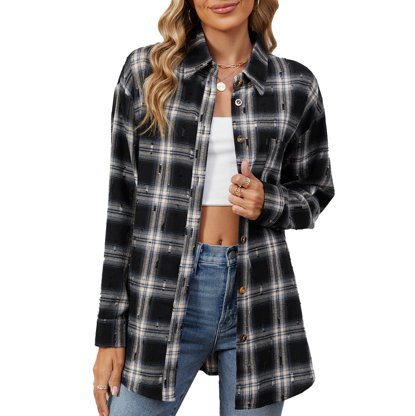 Damen Karierte Flanell-Hemdjacke mit lässigem Schnitt und Holzknopf-Details Stalluxe