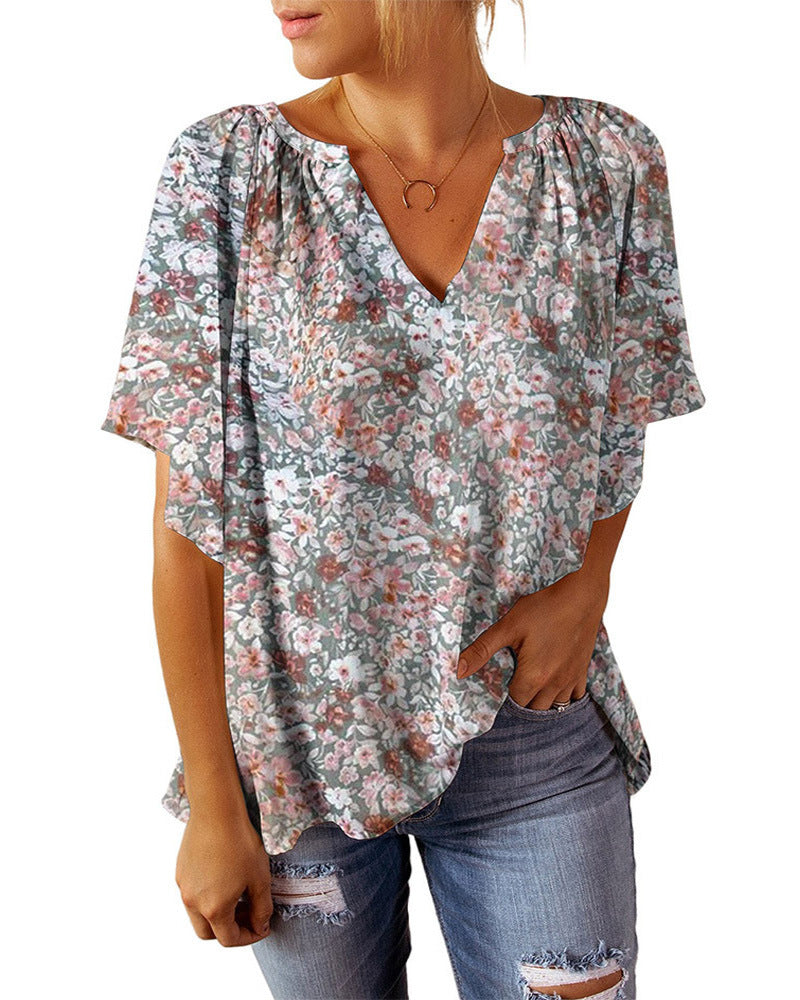 Damen weiches V-Ausschnitt Blusenoberteil mit floralem Design und elastischem Bund Stalluxe