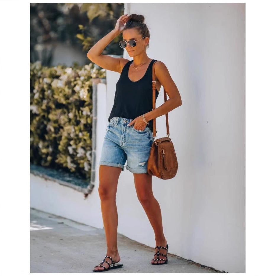 Damen lässige Denim-Shorts mit hochgekrempeltem Saum und Destroyed-Details Stalluxe