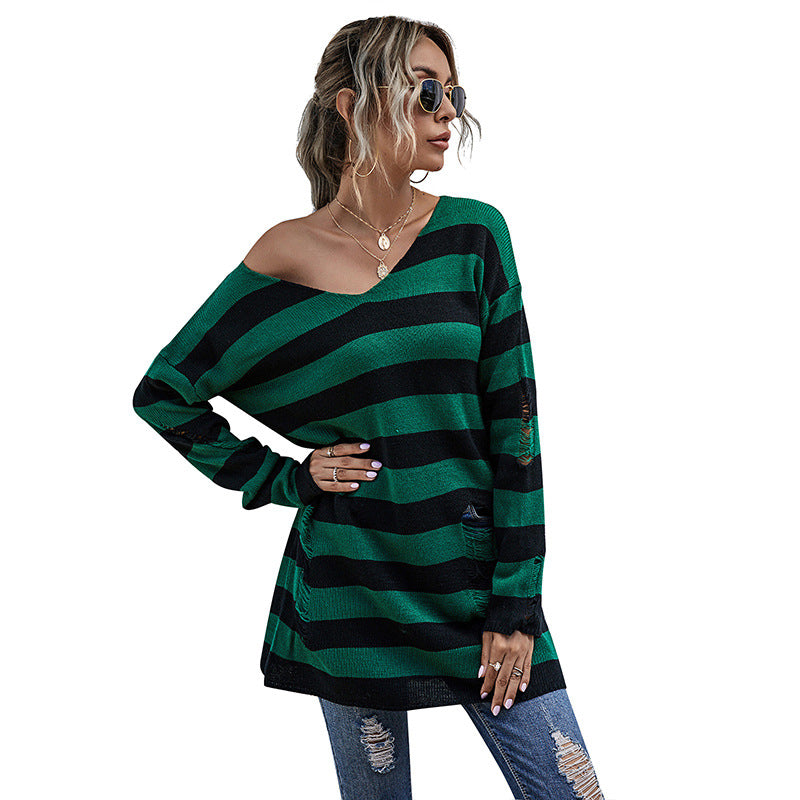 Damen gestreifter Oversized Pullover mit tiefem V-Ausschnitt und trendigen Cut-Outs Stalluxe