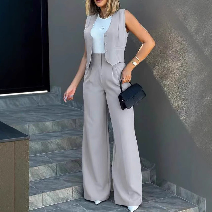 Damen Elegantes Hosenanzug-Set mit ärmellosem Blazer und weitem Schnitt Stalluxe