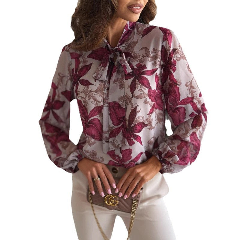 Damen elegante Bluse mit floralem Design und schickem Schleifenkragen Stalluxe