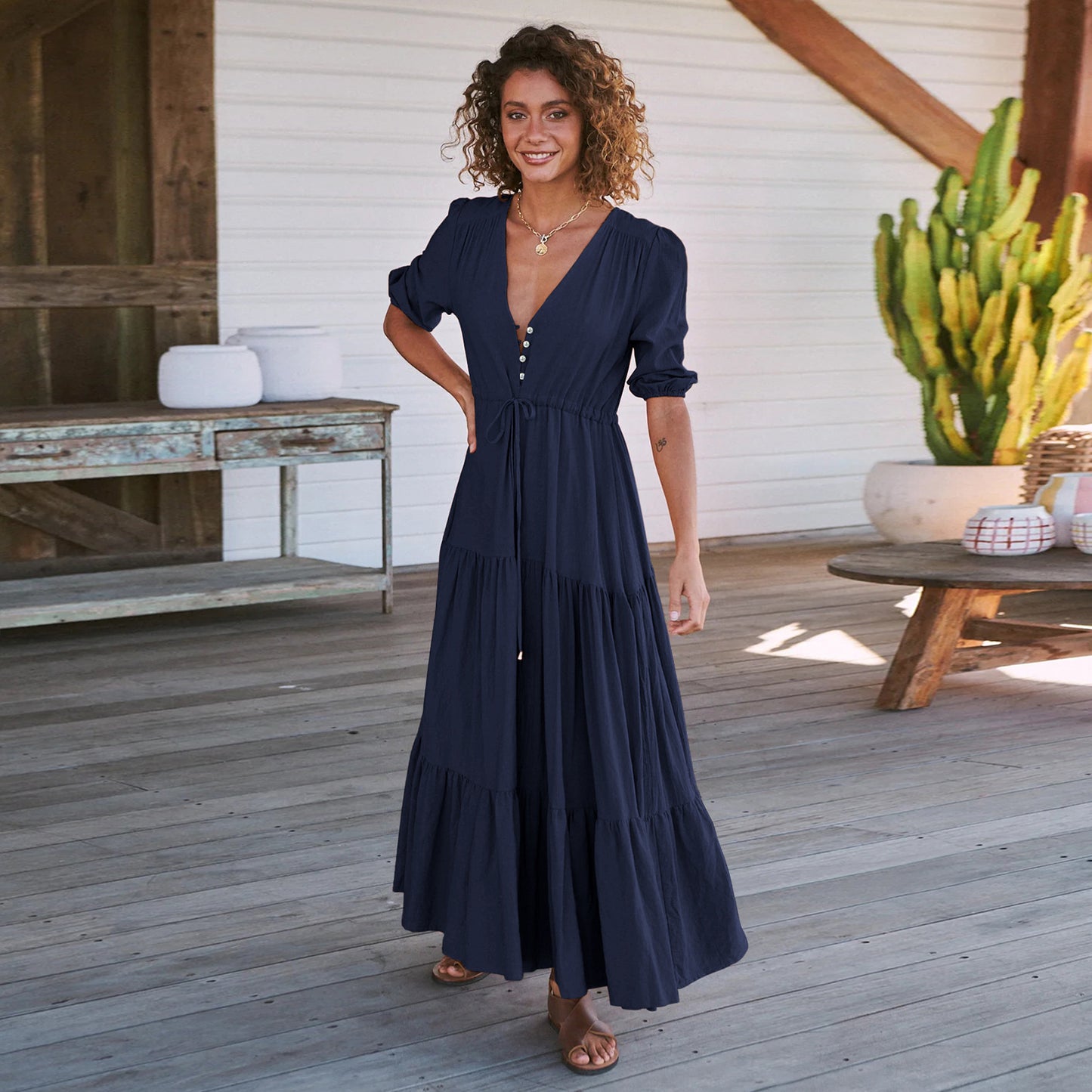 Damen Maxi Kleid mit V-Ausschnitt und Ballonärmeln Stalluxe