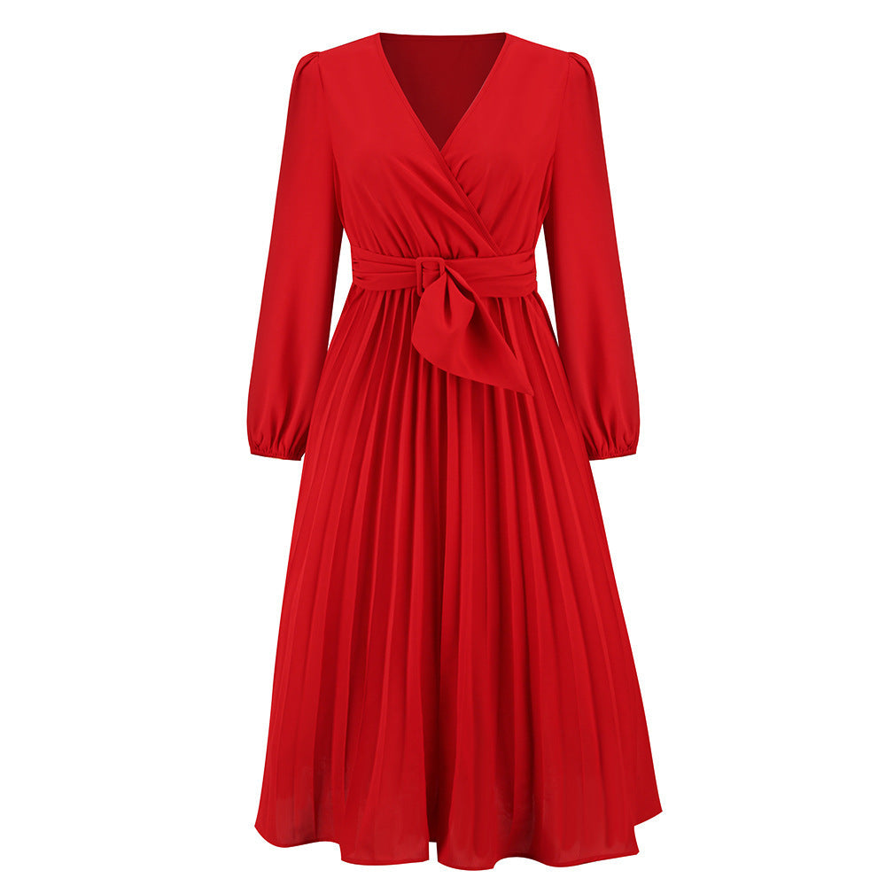 Damen Plissiertes Wickelkleid mit elegantem V-Ausschnitt und Taillengürtel Stalluxe