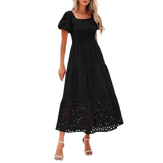 Damen Maxikleid mit dekorativem Lochmuster und Puffärmeln Stalluxe
