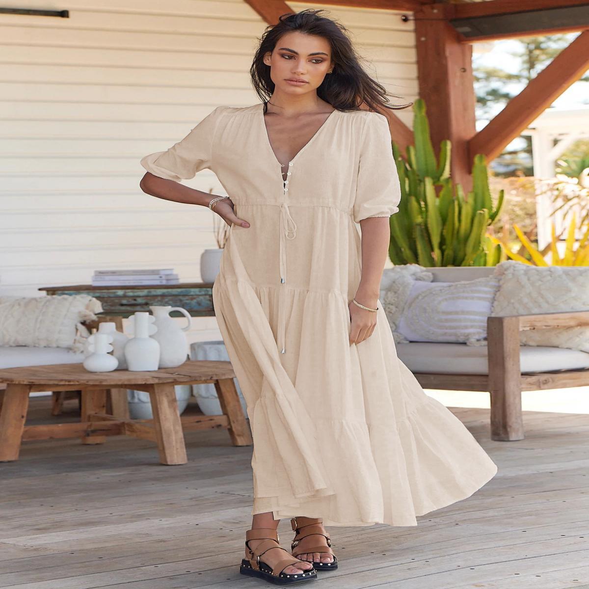Damen Maxi Kleid mit V-Ausschnitt und Ballonärmeln Stalluxe
