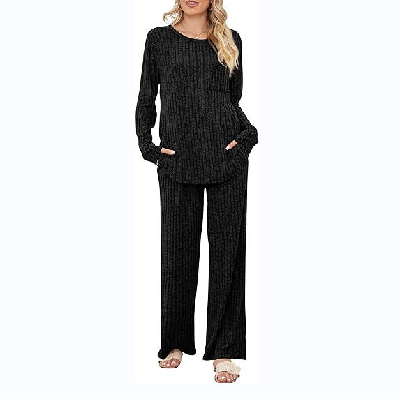 Damen Lässiges Lounge-Set mit langärmeliger Oberteil und weitem Hosen Stalluxe