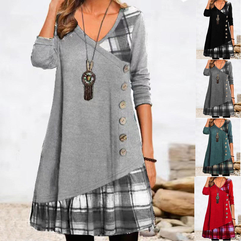 Damen asymmetrisches Freizeitkleid mit kariertem Saum und Knopfdetail Stalluxe