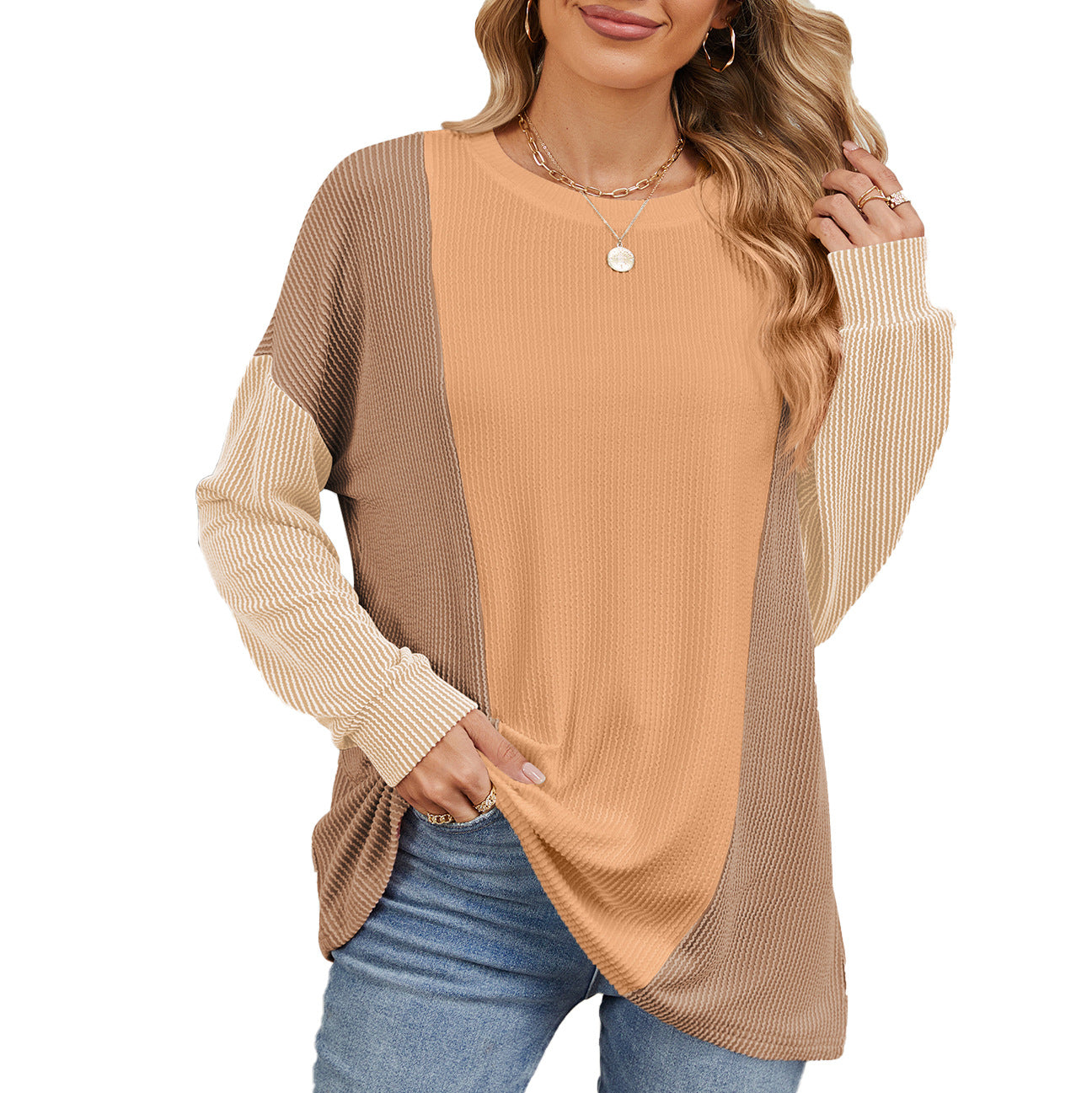 Damen oversized Pullover mit strukturiertem Rippdesign und modernen Farbblockakzenten Stalluxe