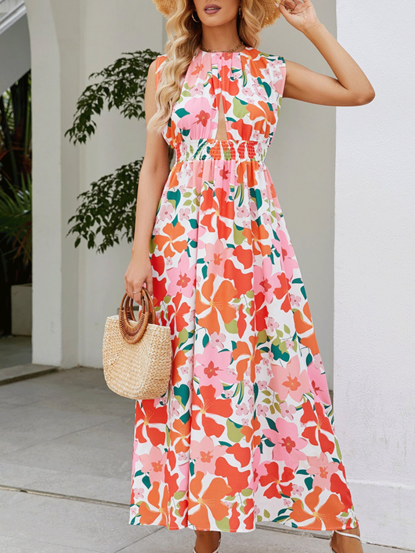 Damen Maxikleid mit floralem Design und elastischem Taillenband Stalluxe