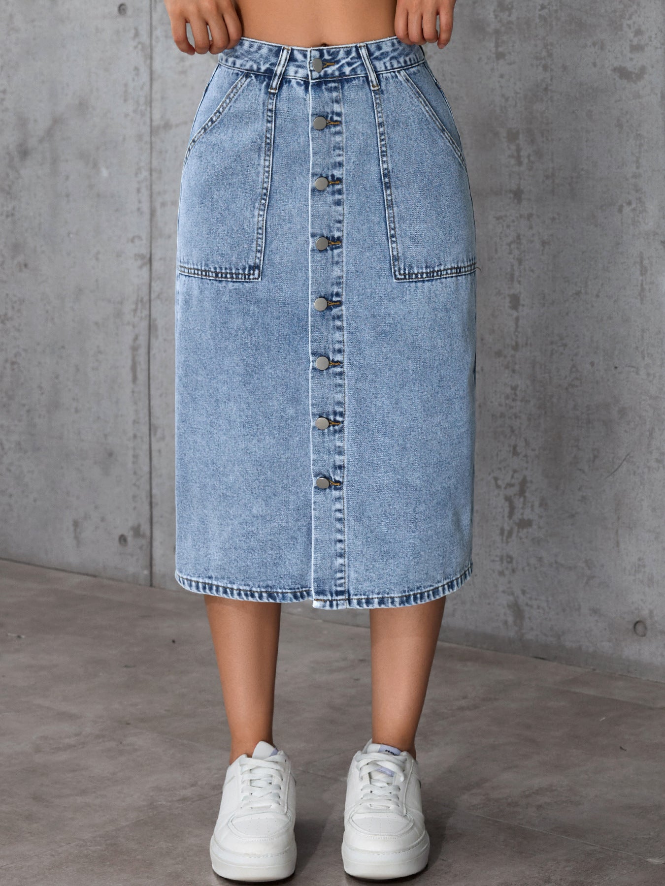 Damen Jeans-Midirock mit Knopfverschluss und praktischen Taschen Stalluxe