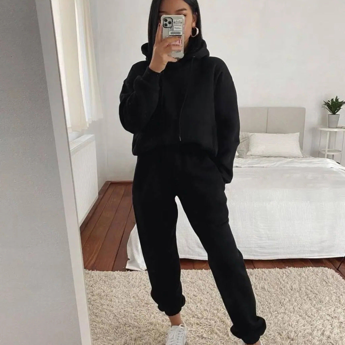 Damen lässiger Fleece-Sweatsuit mit cropped Hoodie und elastischer Hose Stalluxe