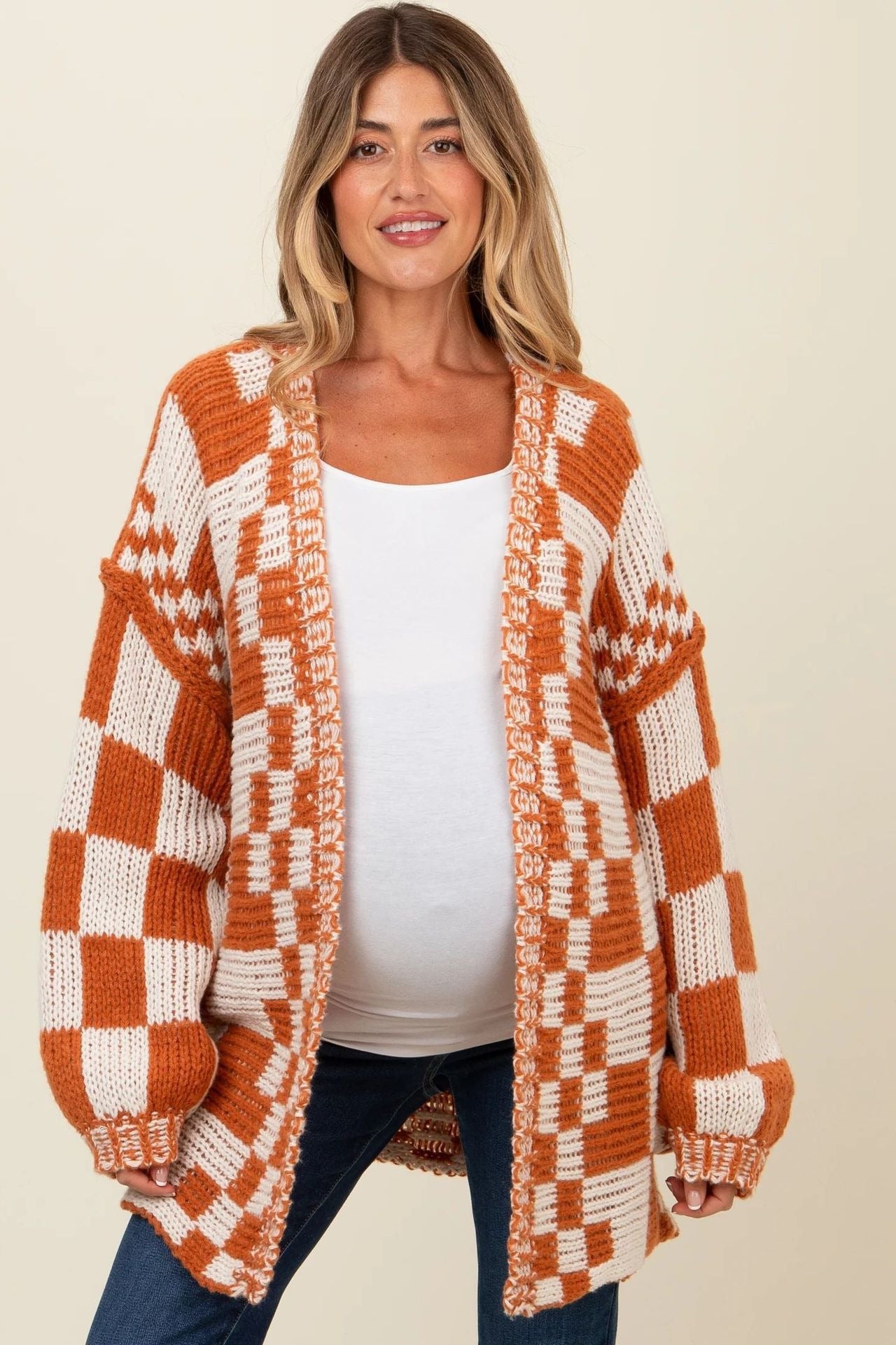 Damen Übergroße Karomuster-Strickjacke mit Taschen Stalluxe